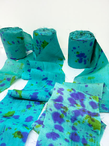 Sari silk fabric rolls hand spray dyed. Blue Reef