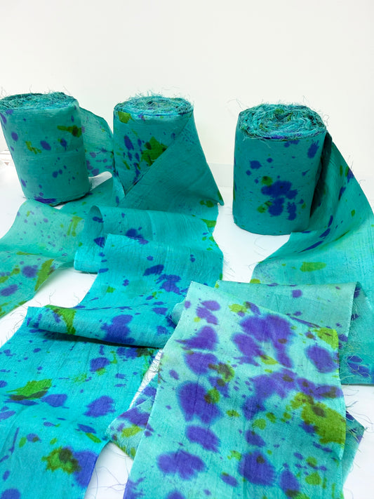 Sari silk fabric rolls hand spray dyed. Blue Reef