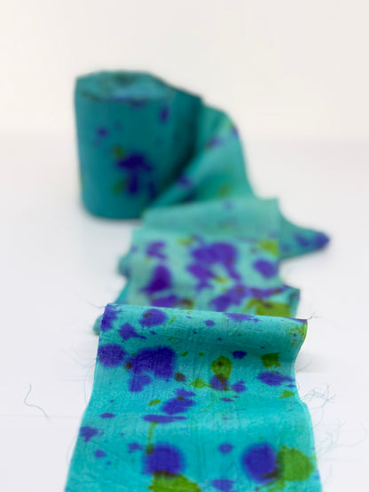 Sari silk fabric rolls hand spray dyed. Blue Reef