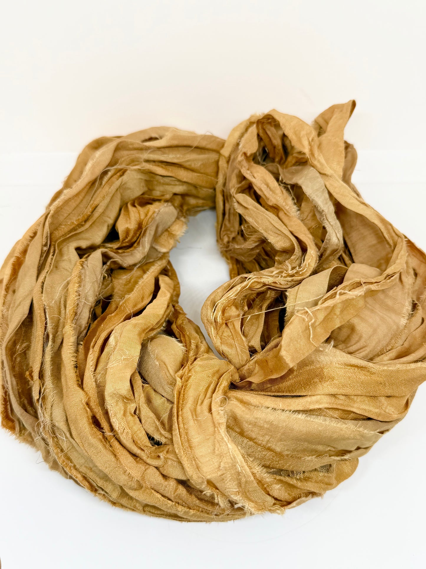 Sari silk ribbon yarn. Antique Gold. Craft ribbon. fibre arts.