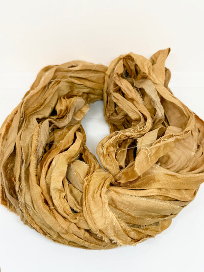 Sari silk ribbon yarn. Antique Gold. Craft ribbon. fibre arts.