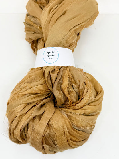 Sari silk ribbon yarn. Antique Gold. Craft ribbon. fibre arts.