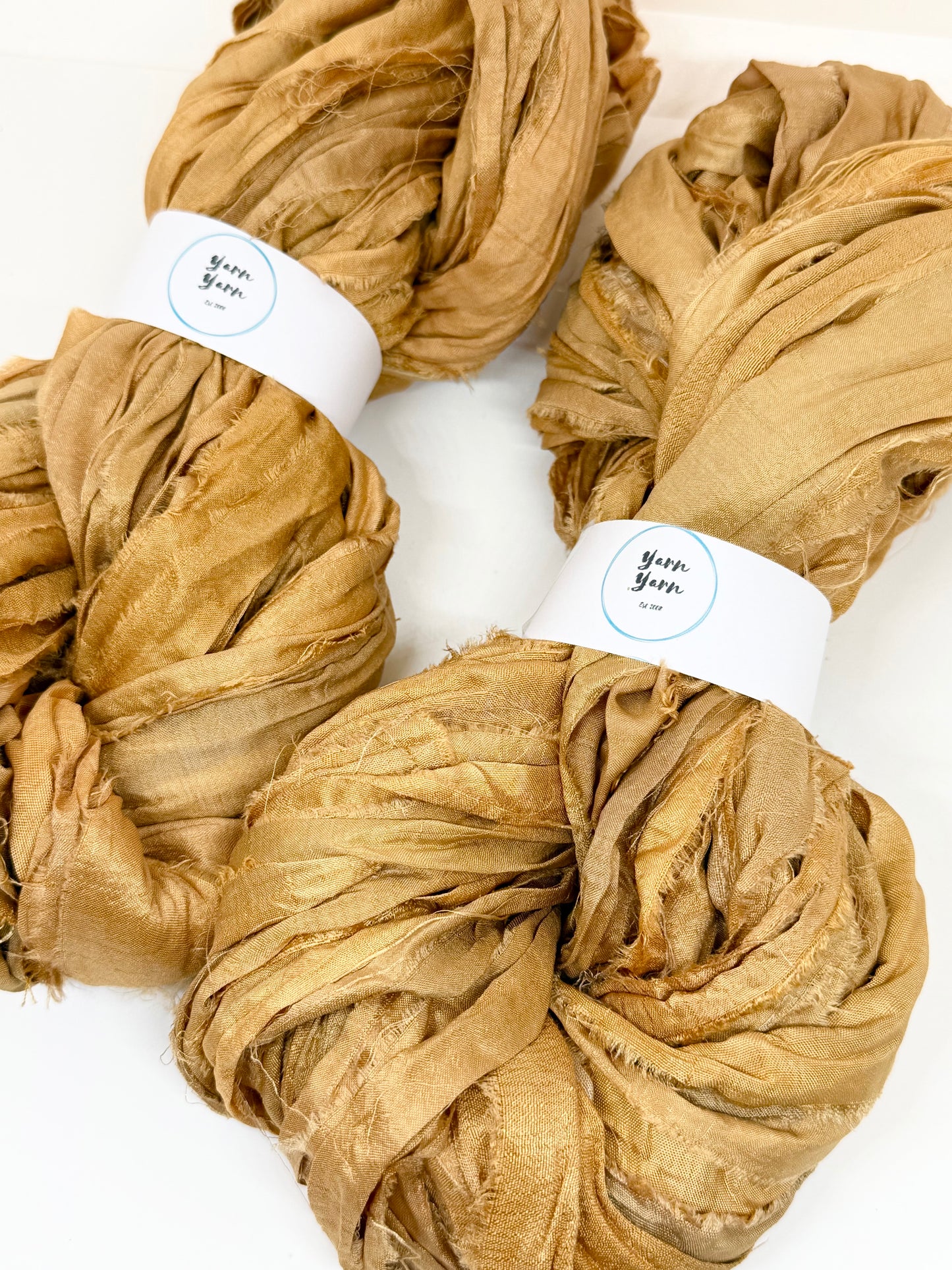 Sari silk ribbon yarn. Antique Gold. Craft ribbon. fibre arts.