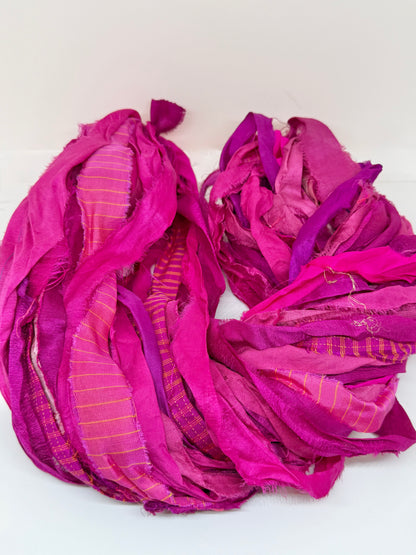 Sari Silk Ribbon Yarn – Pink Medley. Weaving and fibre arts.