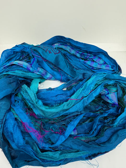 Sari silk ribbon yarn, Peacock blue.