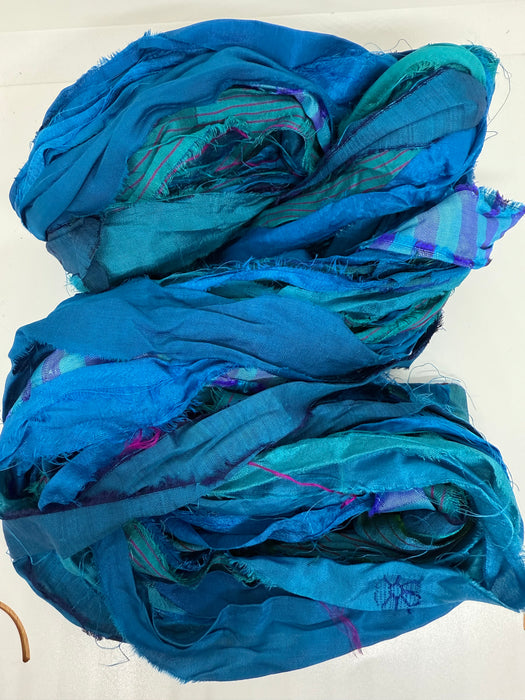 Sari silk ribbon yarn, Peacock blue.