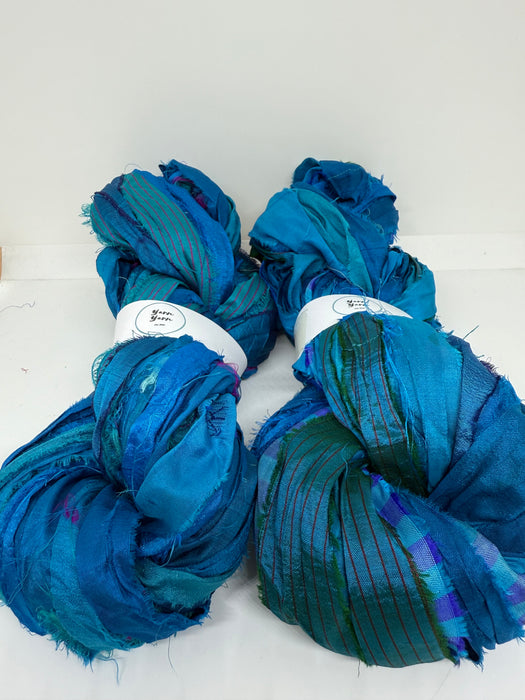 Sari silk ribbon yarn, Peacock blue.