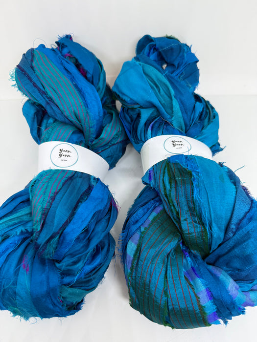 Sari silk ribbon yarn, Peacock blue.