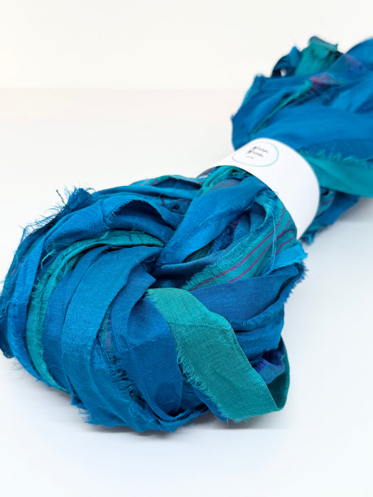 Sari silk ribbon yarn, Peacock blue.