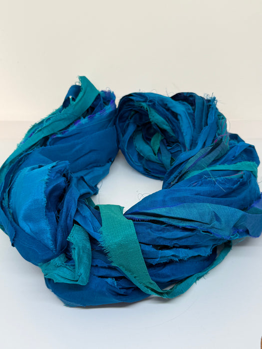 Sari silk ribbon yarn, Peacock blue.