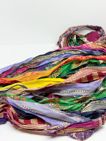 Sari border ribbon yarn for fibre art.