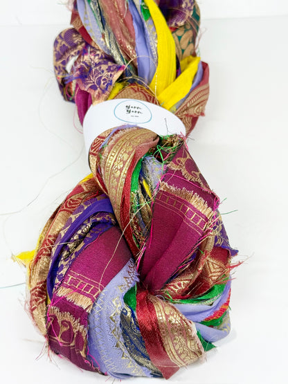 Sari border ribbon yarn for fibre art.