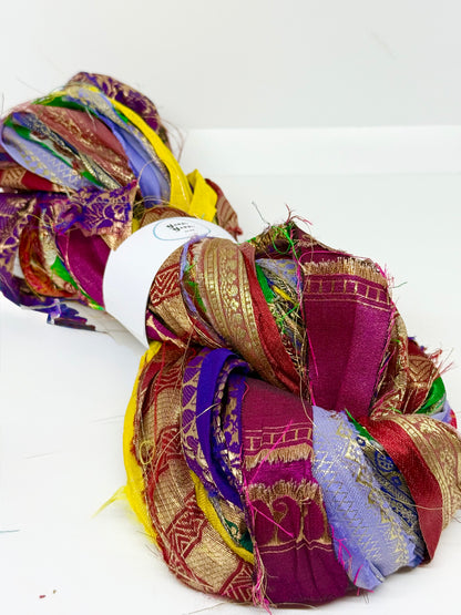 Sari border ribbon yarn for fibre art.
