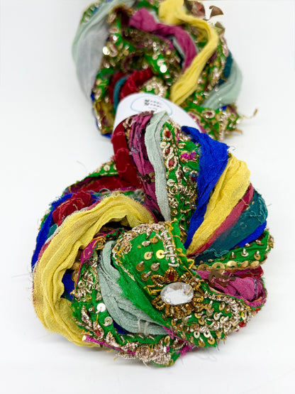 Embellished Sari Silk RIbbon Yarn with Texture for Fibre Arts.