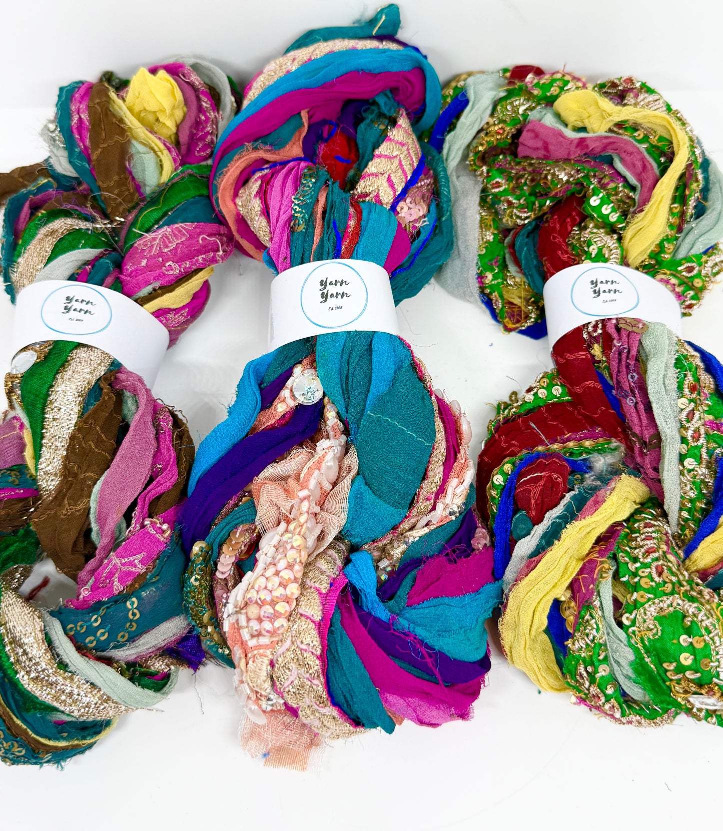 Embellished Sari Silk RIbbon Yarn with Texture for Fibre Arts.