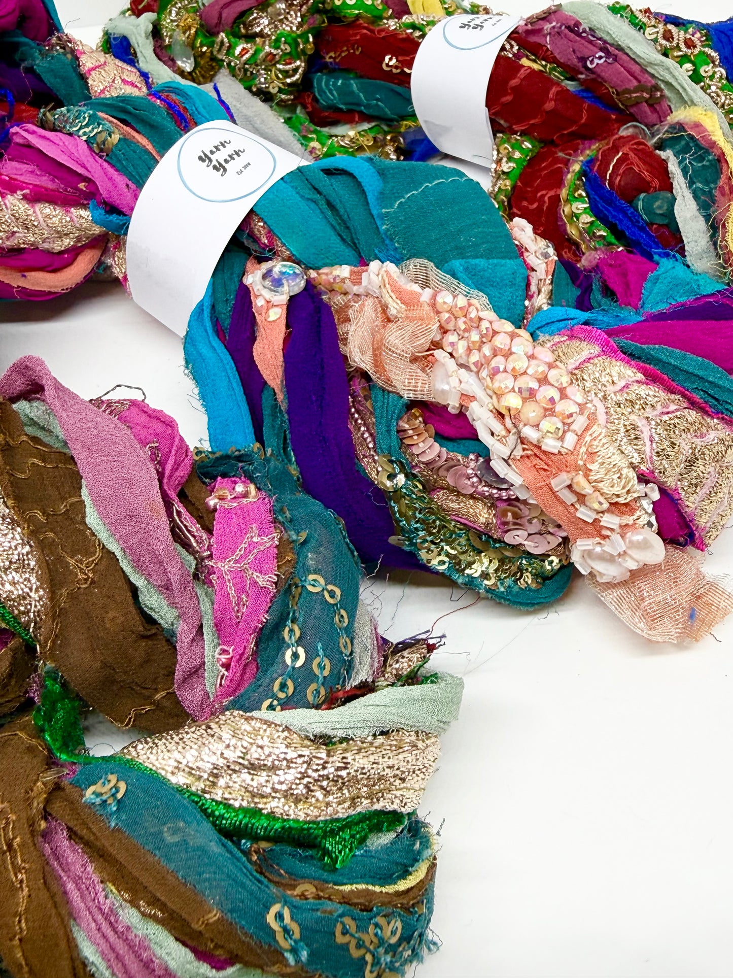 Embellished Sari Silk RIbbon Yarn with Texture for Fibre Arts.