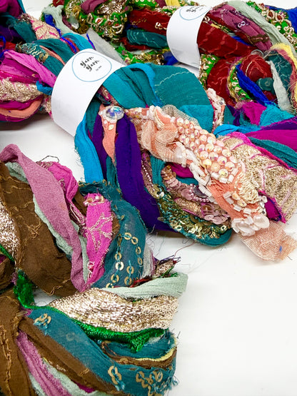 Embellished Sari Silk RIbbon Yarn with Texture for Fibre Arts.