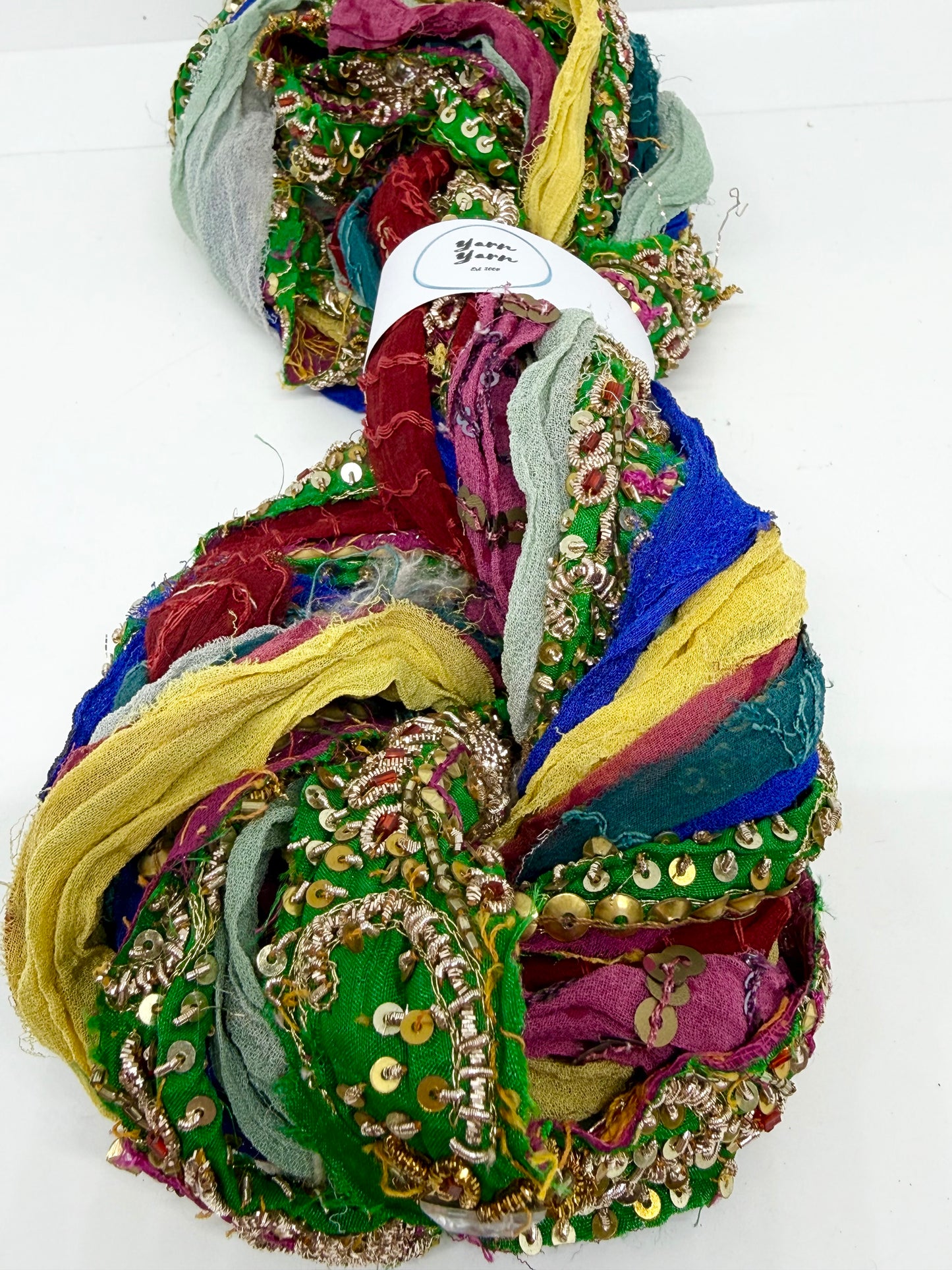 Embellished Sari Silk RIbbon Yarn with Texture for Fibre Arts.
