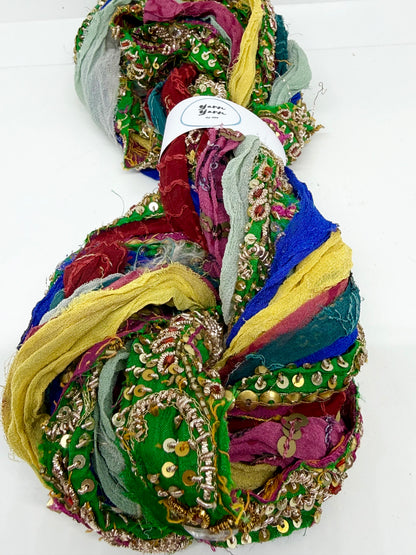 Embellished Sari Silk RIbbon Yarn with Texture for Fibre Arts.
