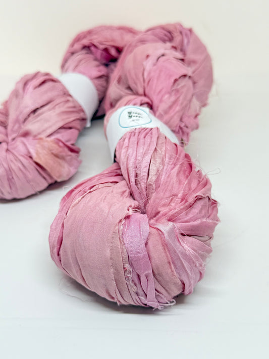 Sari silk ribbon yarn, rose pink, sustainable ribbon yarn.