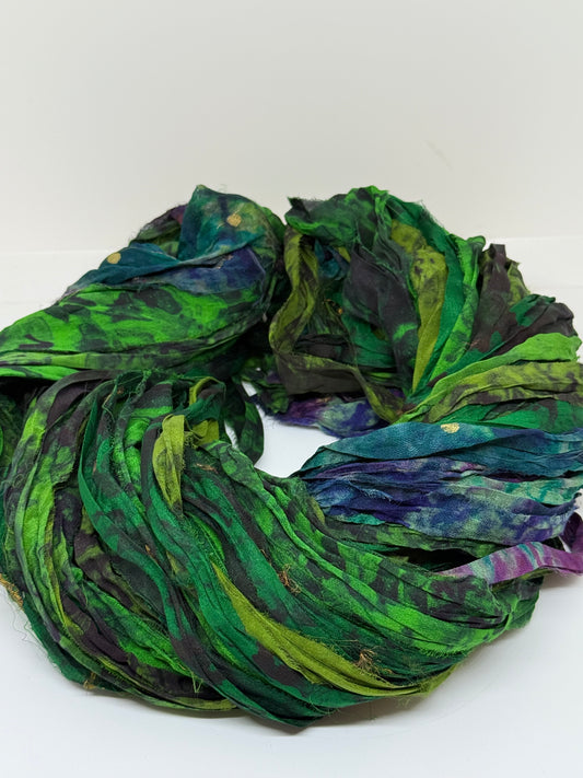 Sari Silk Ribbon – pure silk art dyed. Emerald. SOLD OUT