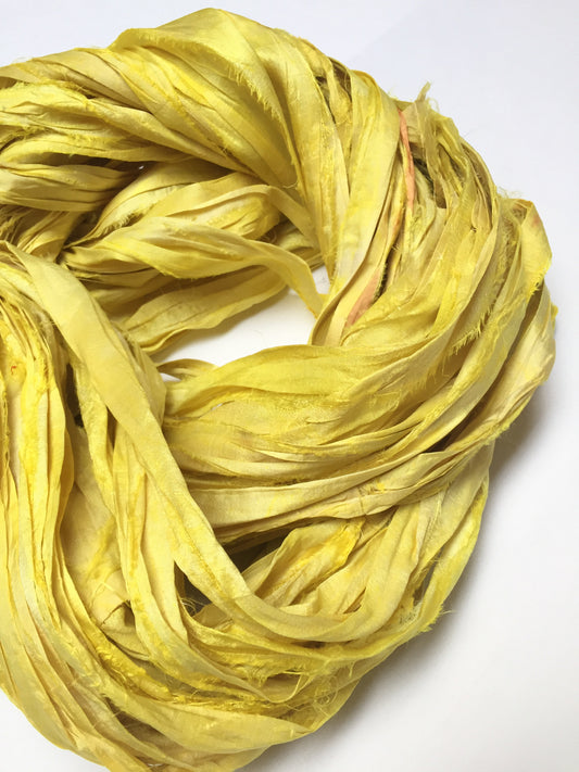 Sari silk ribbon, Turmeric Dyed. Fibre art ribbon.