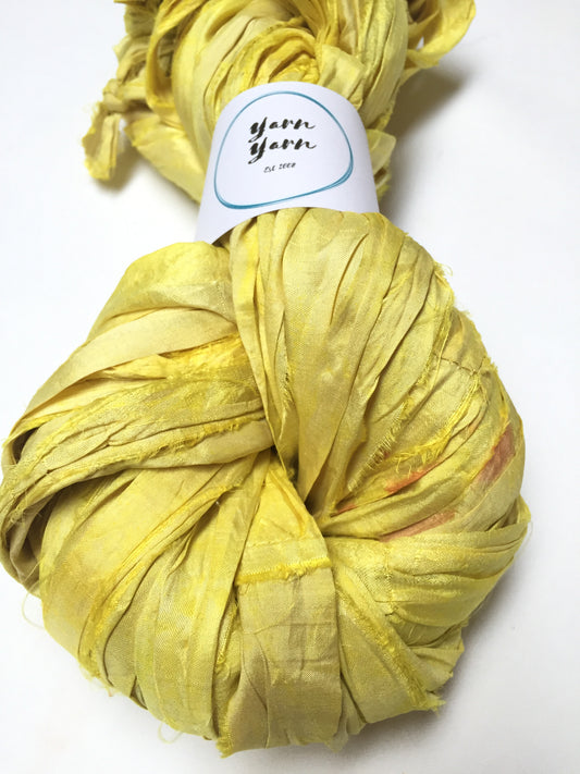 Sari silk ribbon, Turmeric Dyed. Fibre art ribbon.