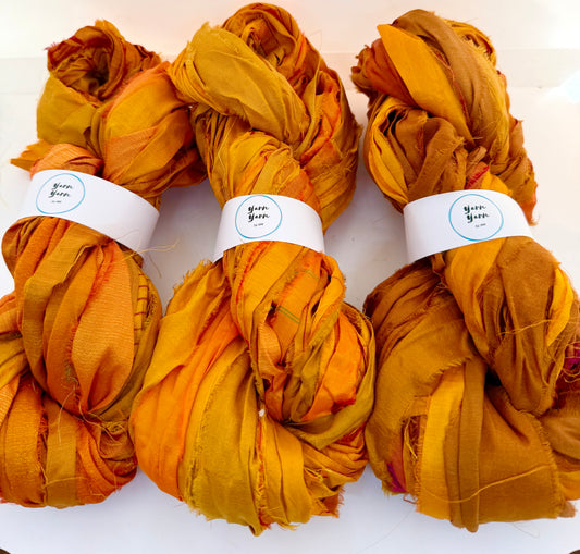 Sari silk ribbon, Golden Hues - fibre arts and crafts.