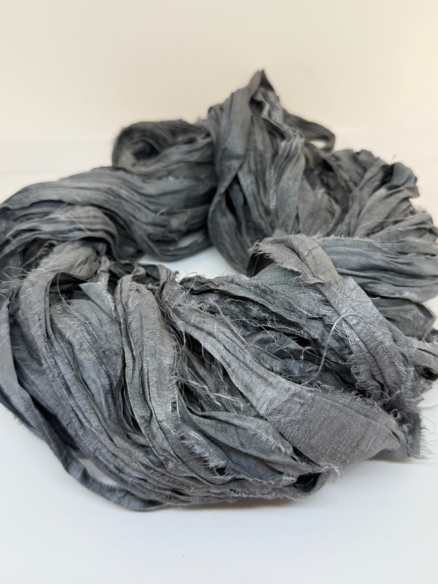 Sari Silk Ribbon Yarn In dark Grey For Fibre Crafting and Slow Fashion