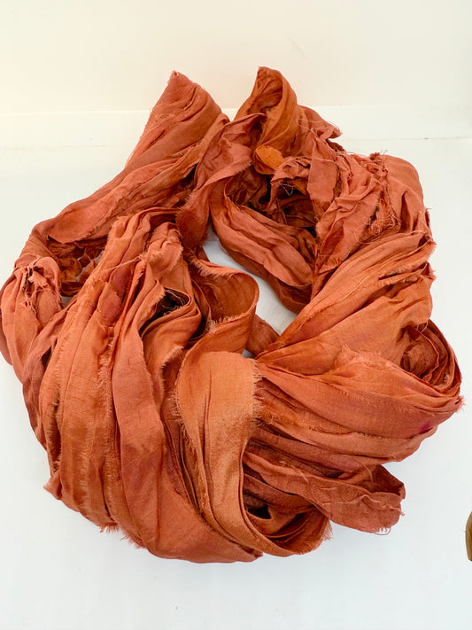 Sari silk ribbon, wide strips, yarn, fire orange.