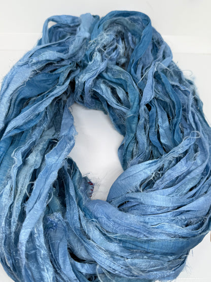 Sari Silk Ribbon Yarn | Denim Blue | Fibre Art and Weaving