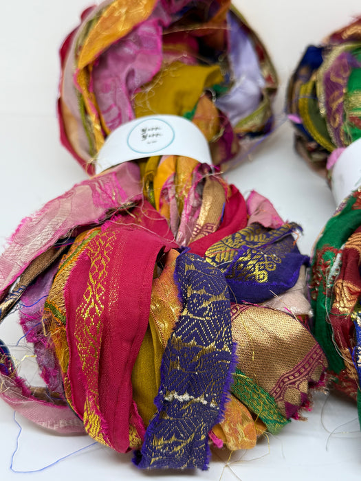 Sari border ribbons, metallic threads.