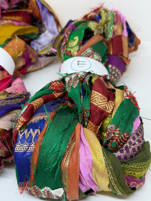Sari border ribbons, metallic threads.