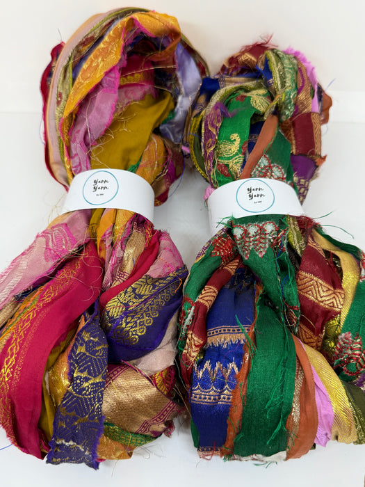 Sari border ribbons, metallic threads.