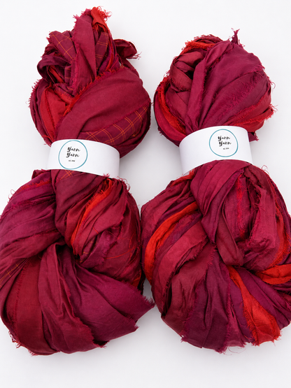 Red Sari Silk Ribbon Yarn | Berry Red | knit arts and weaving.