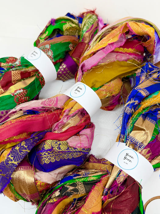 Sari border ribbons, metallic threads.