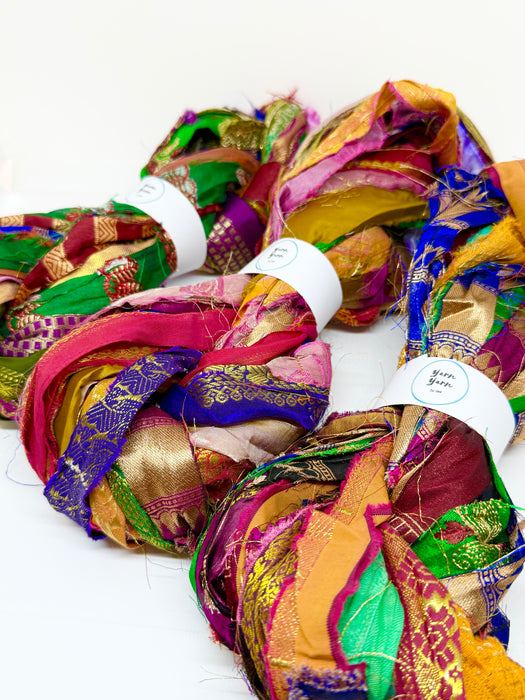 Sari border ribbons, metallic threads.
