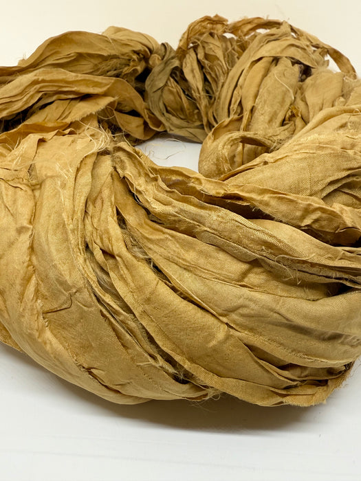 Sari silk ribbon yarn. Gold. Craft ribbon. fibre arts.