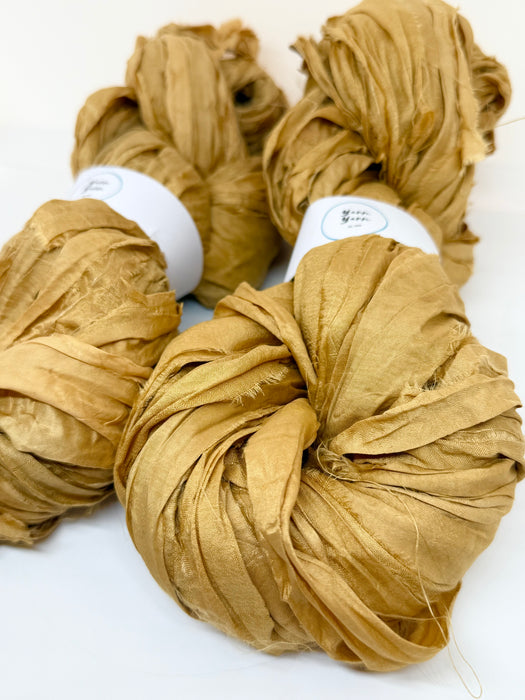 Sari silk ribbon yarn. Gold. Craft ribbon. fibre arts.
