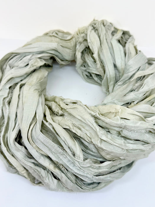Handmade Sari Silk Ribbon Yarn in Silver Grey and Ice Blue