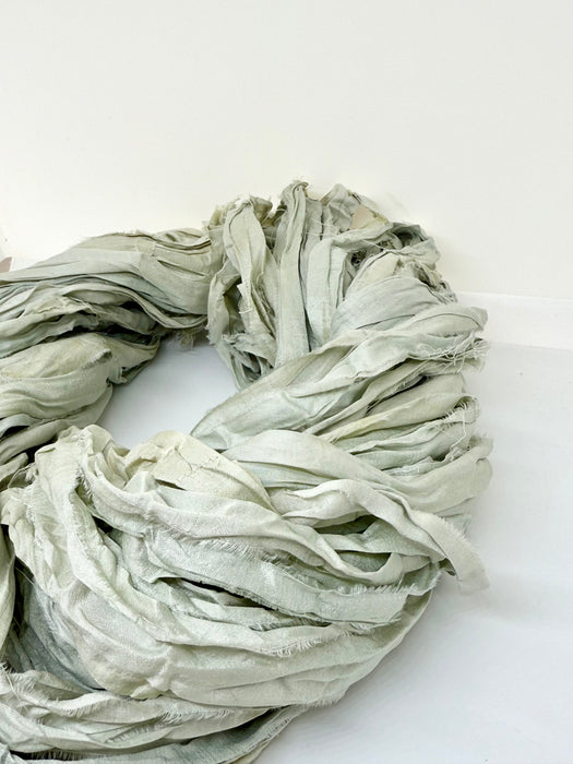 Handmade Sari Silk Ribbon Yarn in Silver Grey and Ice Blue