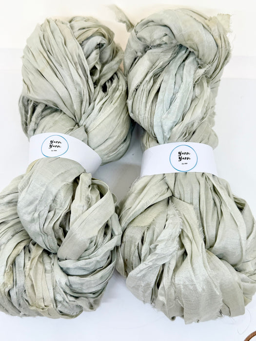 Handmade Sari Silk Ribbon Yarn in Silver Grey and Ice Blue