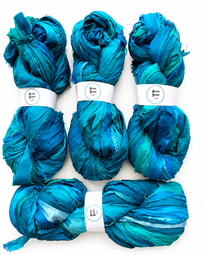 Sari Silk Ribbon Yarn in Turquoise Blue. Weaving and Fibre Art Yarn.