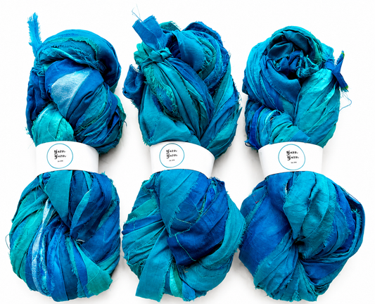 Sari Silk Ribbon Yarn in Turquoise Blue. Weaving and Fibre Art Yarn.