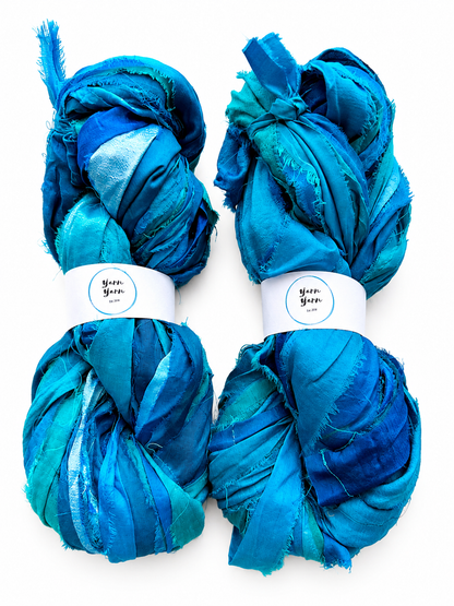 Sari Silk Ribbon Yarn in Turquoise Blue. Weaving and Fibre Art Yarn.