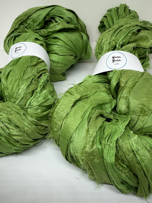 Sari silk ribbon, Kelly green. Ribbon yarn.