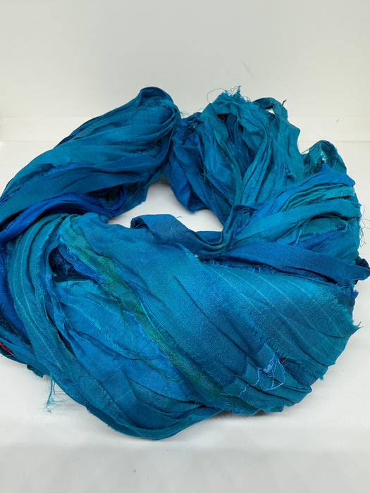 Sari silk ribbon yarn, Peacock blue.