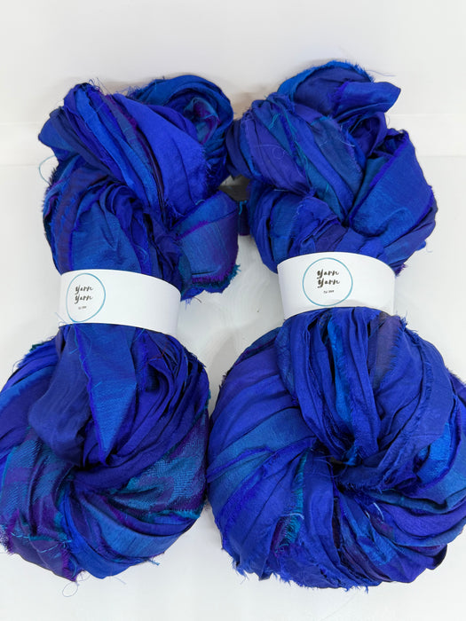 Sari silk ribbon yarn, wide strips, royal blue.