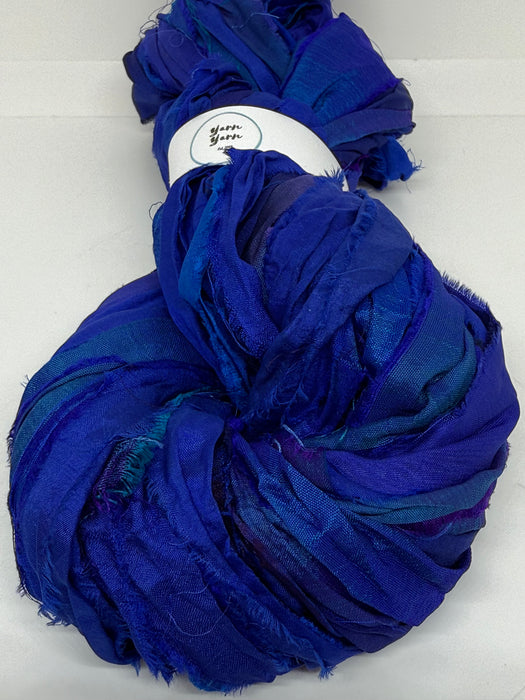 Sari silk ribbon yarn, wide strips, royal blue.