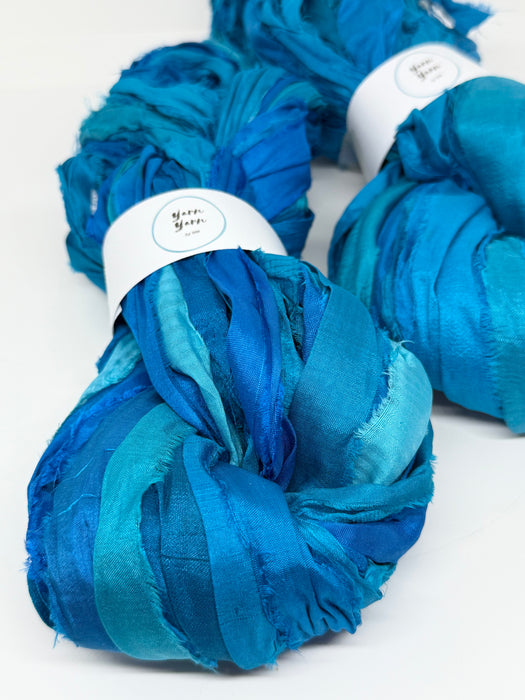 Sari silk ribbon yarn, Peacock blue.